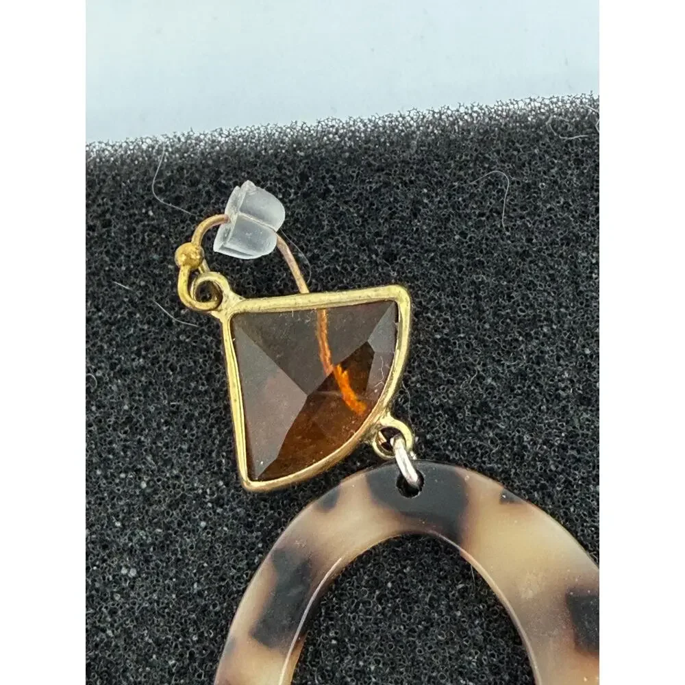 Tortoise Shell Amber Resin Dangle Earrings Geometric Statement Goldtone Boho Mod